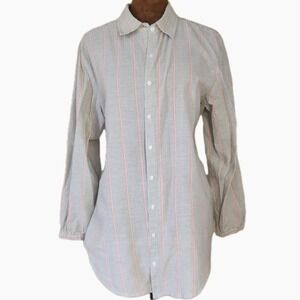 Lilla P Top Striped Button Up Shirt Green Coral 100% Cotton Lightweight Women's